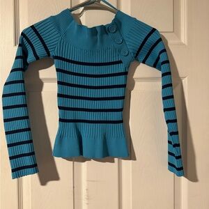 Urban Outfitters Teal and Black Striped Off-the-Shoulder Sweater